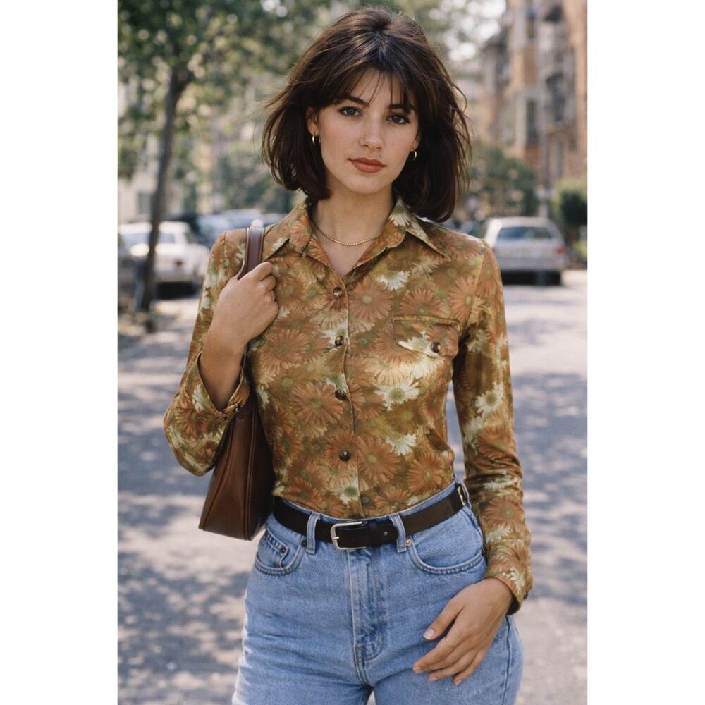 True Vintage early 90's M7S Collections daisy flower cropped long sleeve blouse